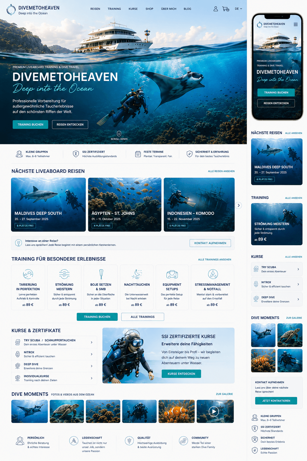 Premium Homepage Referenz mit Liveaboard und Tauchmotiven.