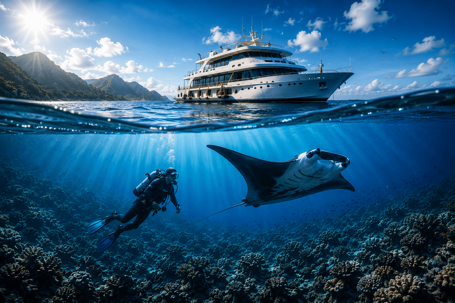 Split-Water Szene mit Premium Liveaboard, Taucher, Manta und Lichtstrahlen im klaren Ozean.